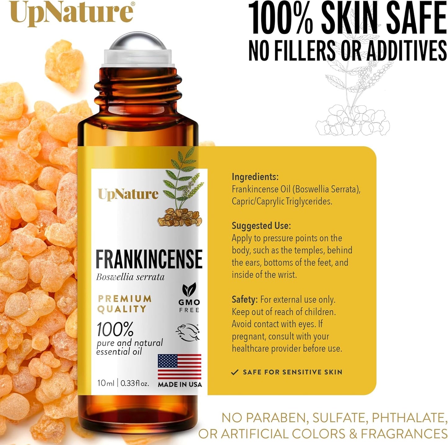 Frankinsense UpNature Aceite esencial de incienso roll-on -  100% puro para la piel, 10ml