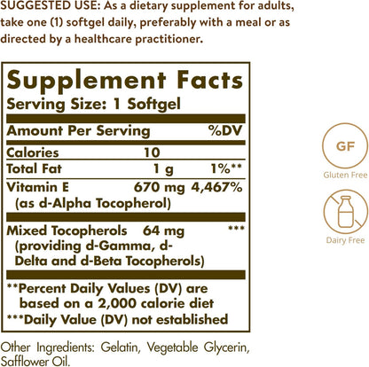 VITAMINA E SOLGAR  670mg  - ( 1000 IU)  100 Capsulas de Gel.