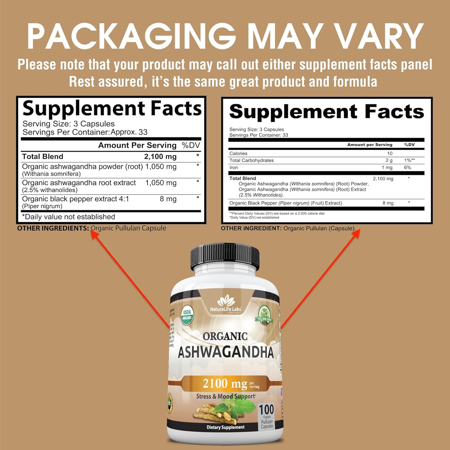 Organic Ashwagandha 2100 mg 100 cápsulas de vegetarianas