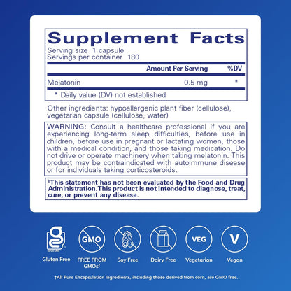 Pure Encapsulations Melatonina 0.5 mg – 180 cápsulas
