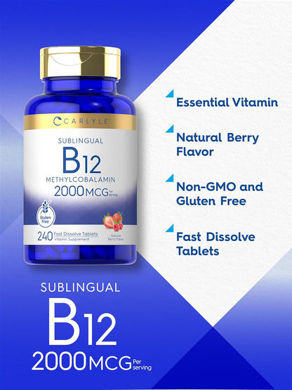 Carlyle Vitamina B12 de 2000 mcg | 240 tabletas de disolución rápida | Metilcobalamina sublingual | Sabor a bayas