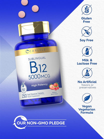 Carlyle Vitamina B12 5000mcg | 250 tabletas de disolución rápida | Sabor natural de bayas | Vegetariano, sin OMG, sin gluten