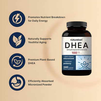 NatureBell DHEA 100mg, 240 Capsules Extrafuerte, grado micronizado para una mejor absorción