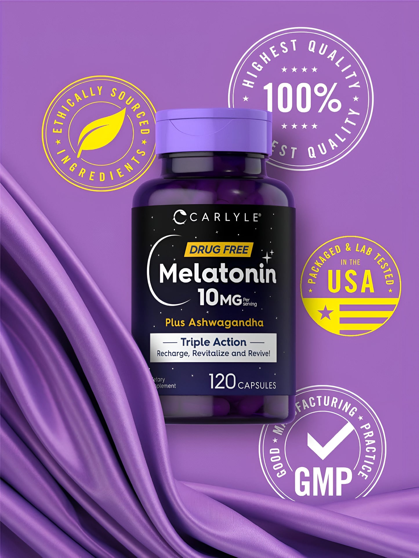 Melatonina 10 mg | 120 cápsulas | con Ashwagandha | Fórmula de triple fuerza | Sin OMG, suplemento sin gluten | por Carlyle