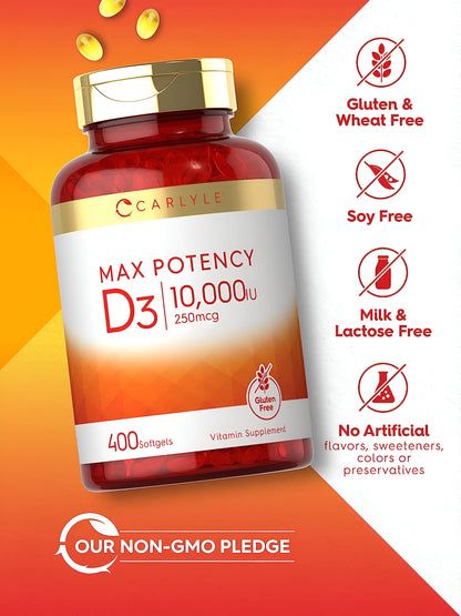Vitamina D3 10,000 IU 400 Cápsulas blandas-Máxima Potencia-Sin OMG, Sin gluten por Carlyle