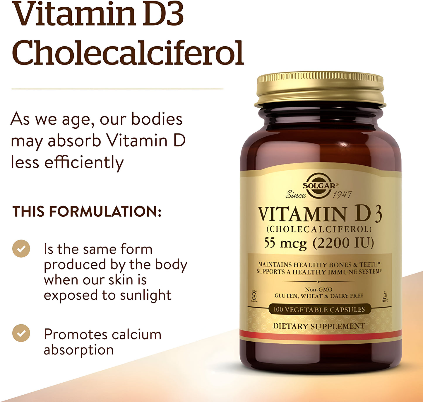 Solgar Vitamina D3 (colecalciferol) 55 mcg (2200 UI) - 100 capsulas vegetables