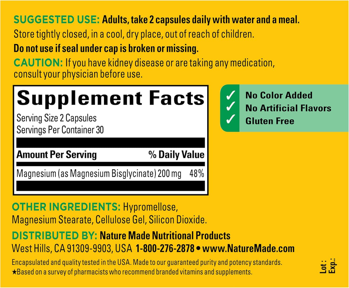 Nature Made - Glicinato de magnesio 200 mg 60 capsulas