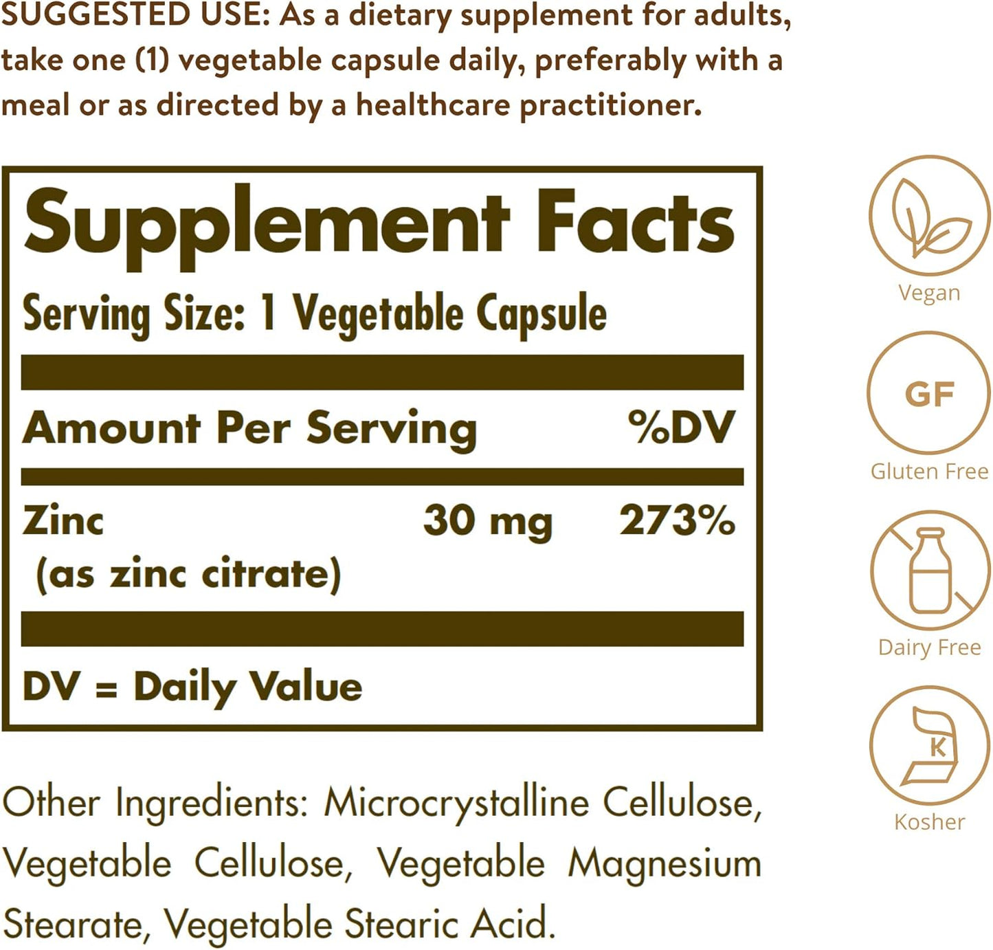Solgar - Zinc Citrate 30mg, 100 capsulas vegetables