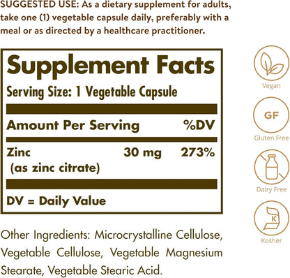 Solgar - Zinc Citrate 30mg, 100 capsulas vegetables