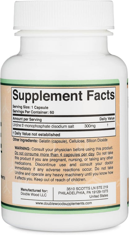 Double Wood - Monofosfato de uridina  300 mg, 60 cápsulas  con alfa GPC colina salud cerebral y la memoria