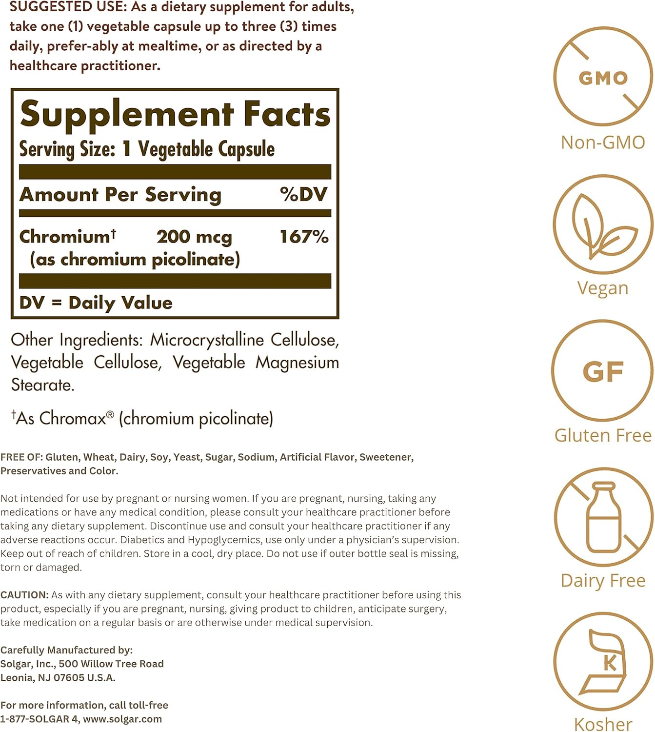 Solgar Picolinato de cromo de 200 mcg, 180 cápsulas vegetales