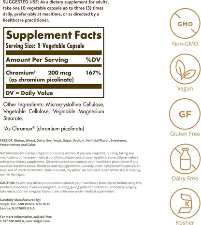 Solgar Picolinato de cromo de 200 mcg, 180 cápsulas vegetales