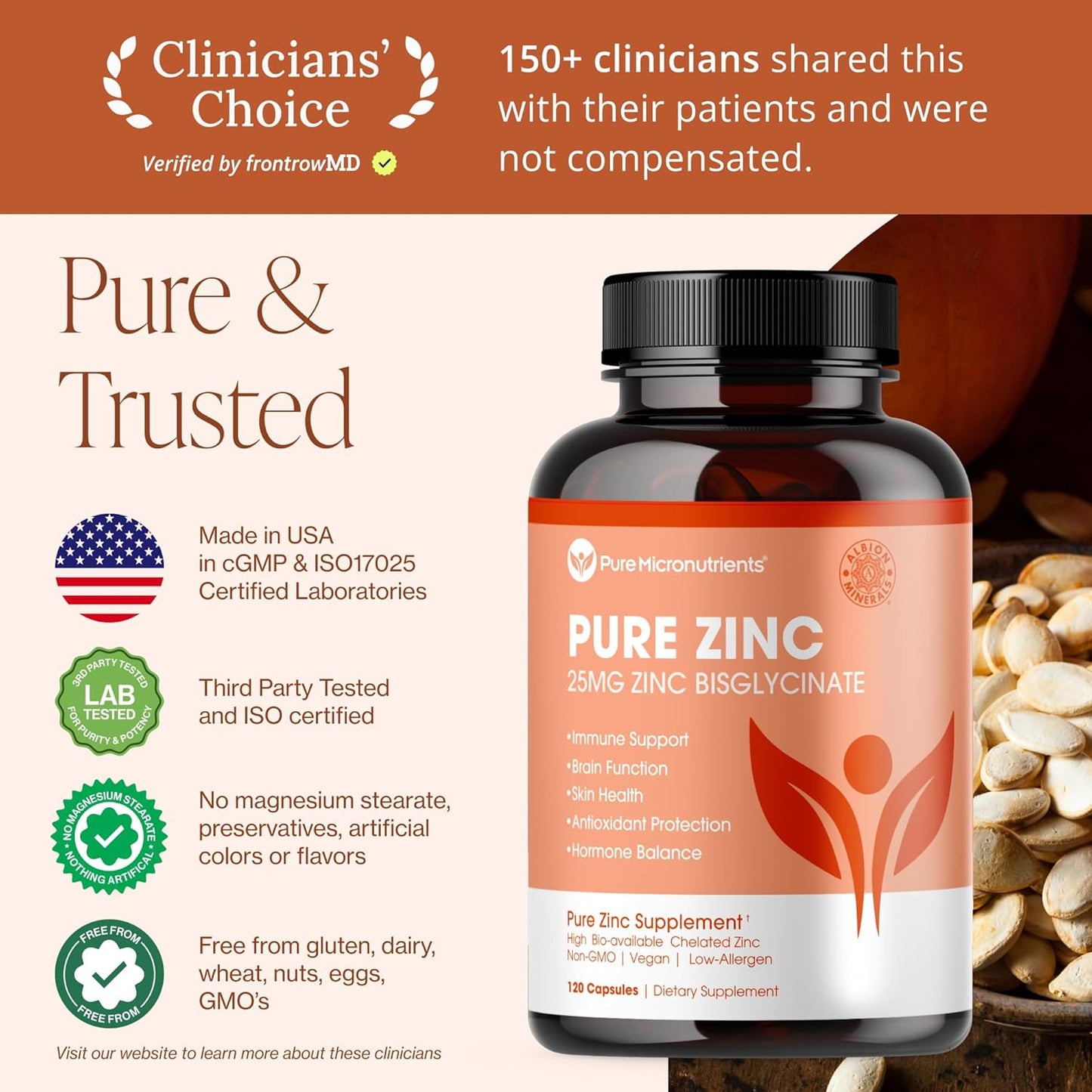 Pure Micronutrients Suplemento de zinc, suplementos de glicinato de zinc natural, (quelado) 25 mg, 120 cápsulas, Anaranjado