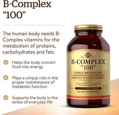 Solgar B-Complex"100", 100 cápsulas vegetales – Salud del corazón – Apoyo del sistema nervioso