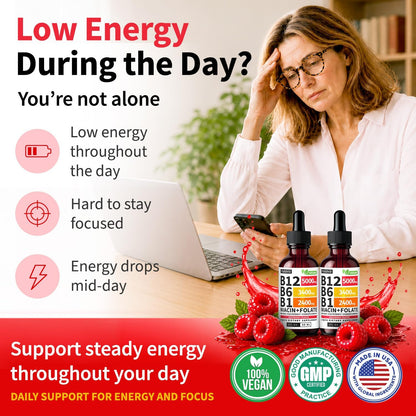 Nusava, Gotas de suplemento líquido de vitamina B12 con sabor a frambuesa, con B6, B1, niacina y ácido fólico, 60ml