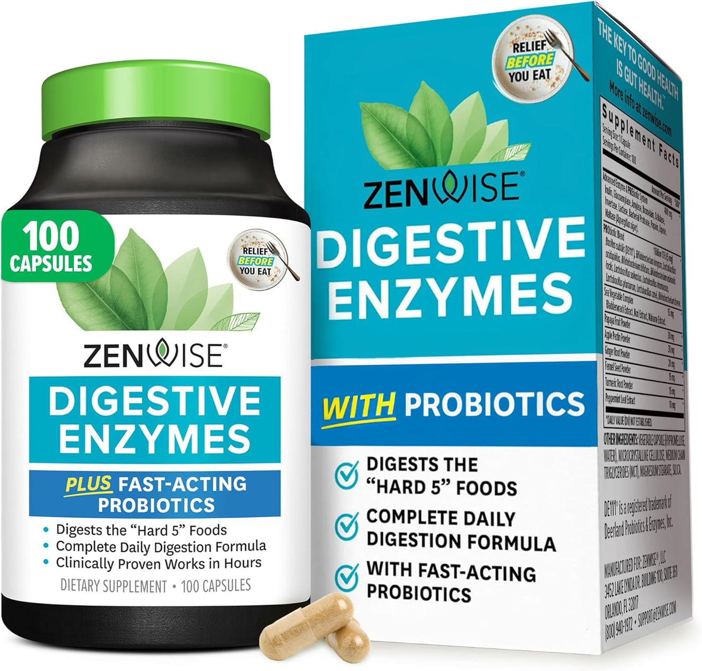 Zenwise Health Enzimas digestivas para la salud intestinal y el alivio de la hinchazón, con probióticos, bromelina y papaya para apoyo a la salud digestiva 100 Capsulas