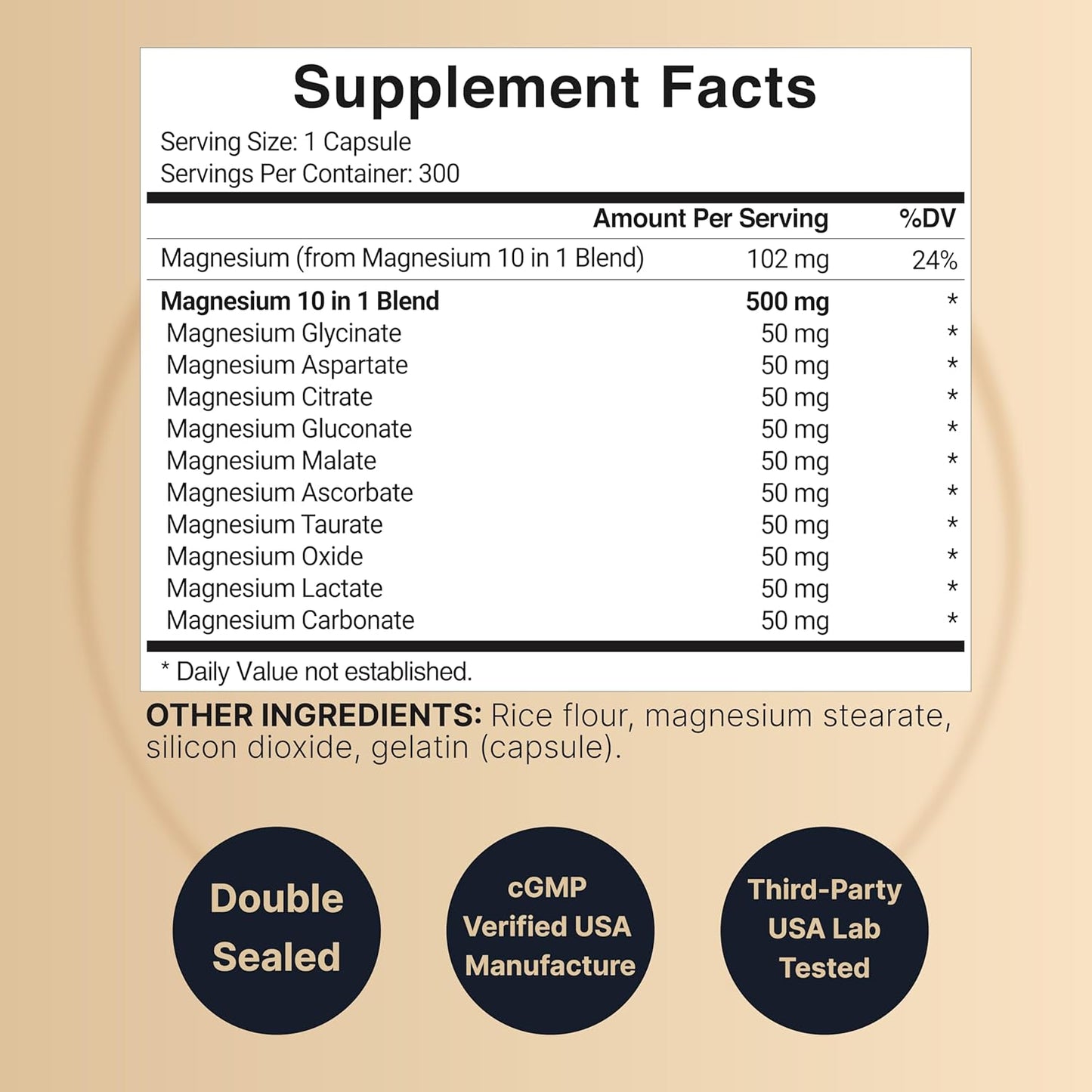 Nature Bell - Suplemento complejo de magnesio de 500 mg,  10 tiipos de magnesio en 1 - 300 cápsulas