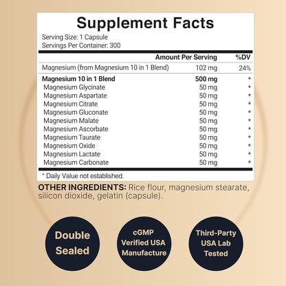 Nature Bell - Suplemento complejo de magnesio de 500 mg,  10 tiipos de magnesio en 1 - 300 cápsulas