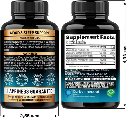 Nutra Harmony - Gaba(750mg) L-theanine(150mg) con vitamina B6 & magnesium - 120 capsulas