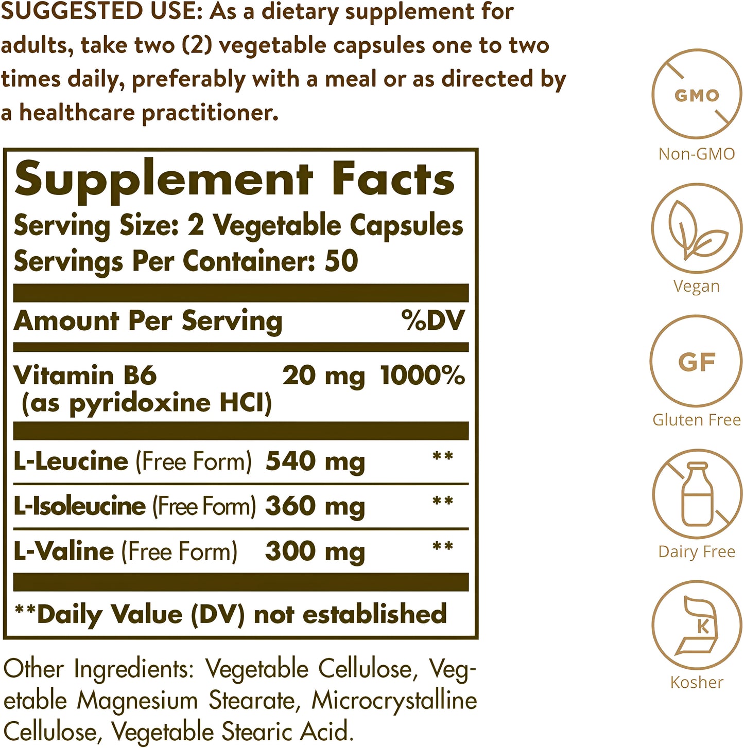 Solgar BCAA Plus, 100 Capsulas Vegetales Aminoácidos de cadena ramificada de forma libre con vitamina B6 para absorción