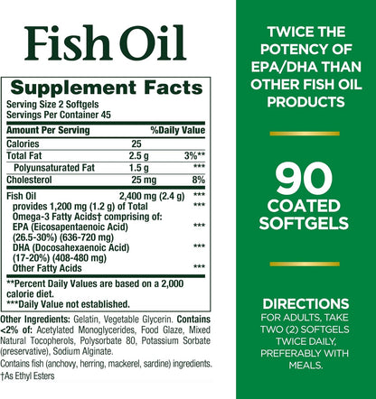 Natures Bounty - Fish oil 2400mg,  1200mg(omega-3) - 90 cápsulas blandas recubiertas