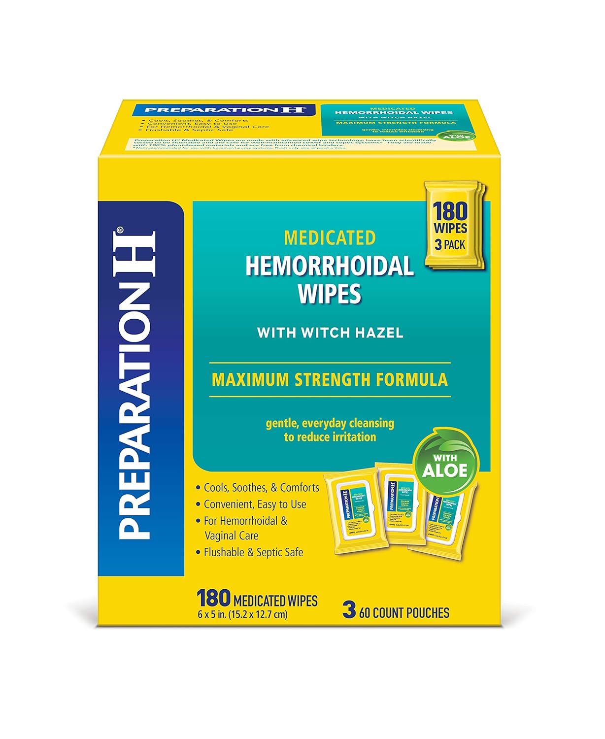 PreparationH - Medicated Hemorrhoidal wipes(maximum strength formula), 180toallitas medicinales(3 bolsas de 60 unidades)