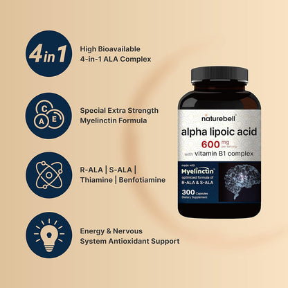 NatureBell Complejo de Ácido Alfa Lipoico, 600mg, 300 Cápsulas