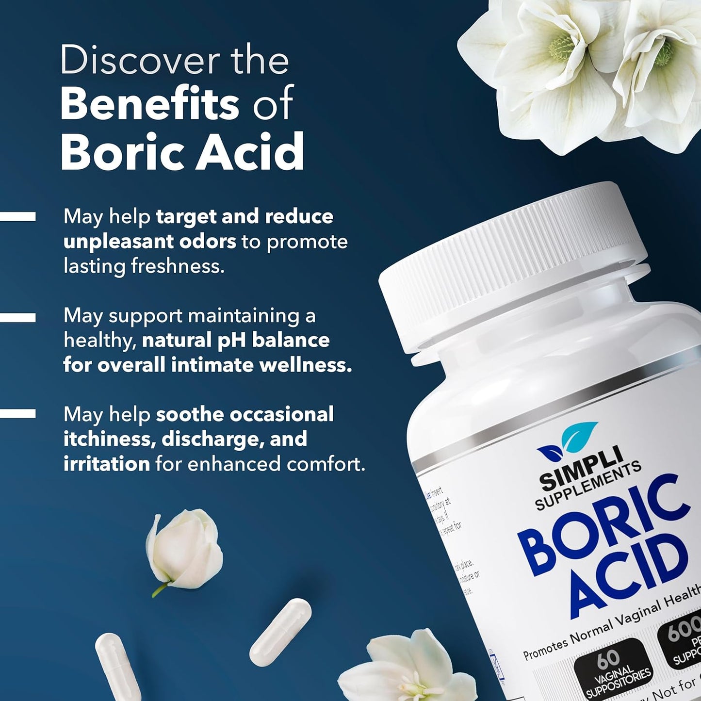 Supositorios  Vaginales de ácido bórico para mujeres Simpli Supplements  60 unidades