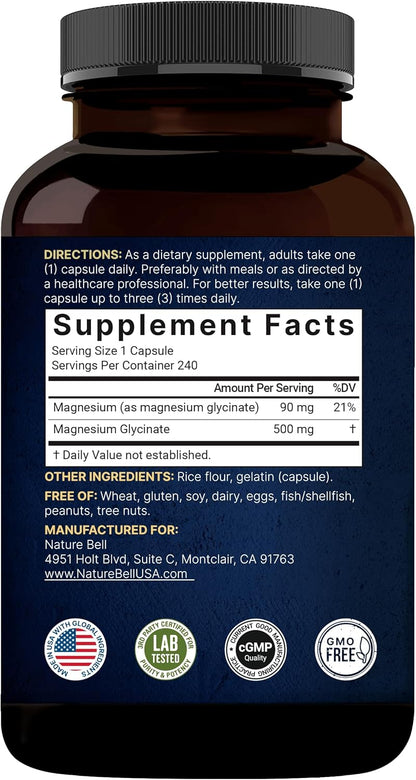 Magnesio Glisinato  500mg , 240 capsulas  - Naturebell