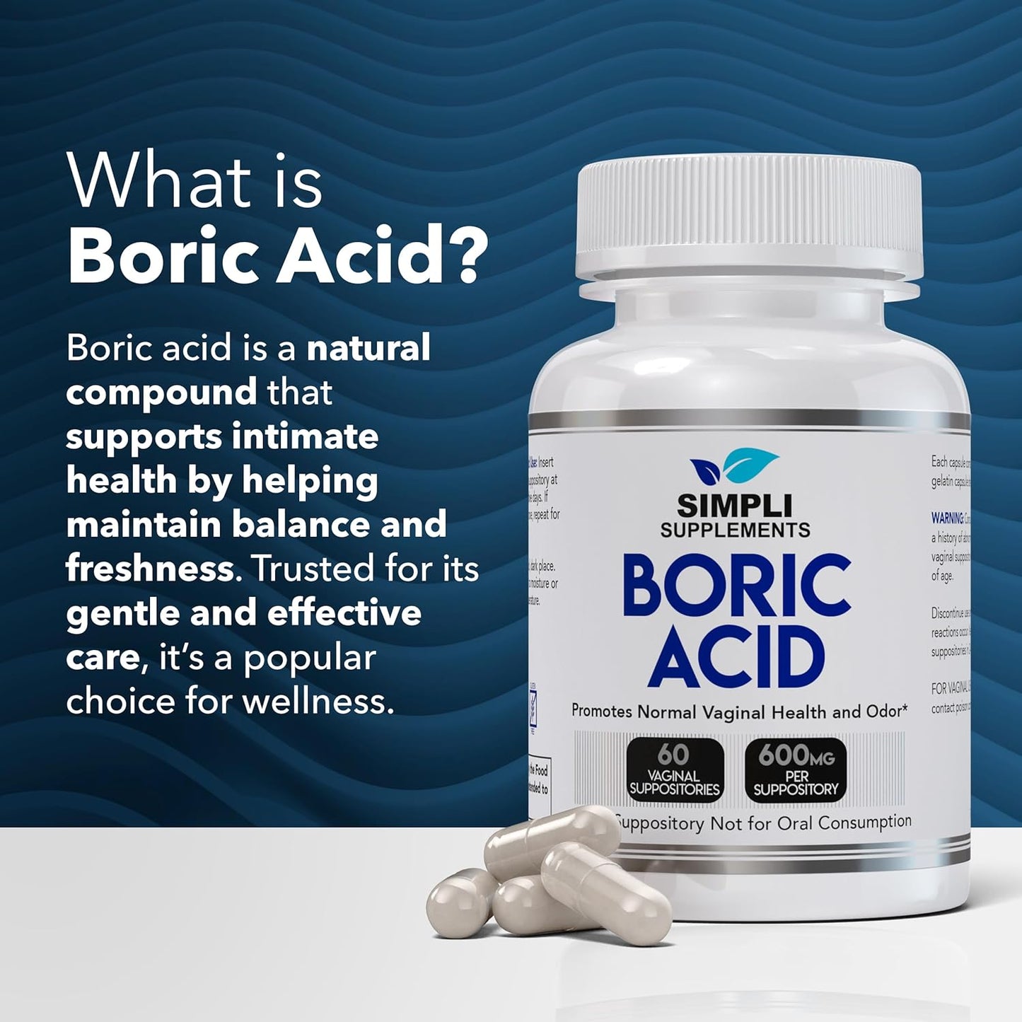 Supositorios  Vaginales de ácido bórico para mujeres Simpli Supplements  60 unidades