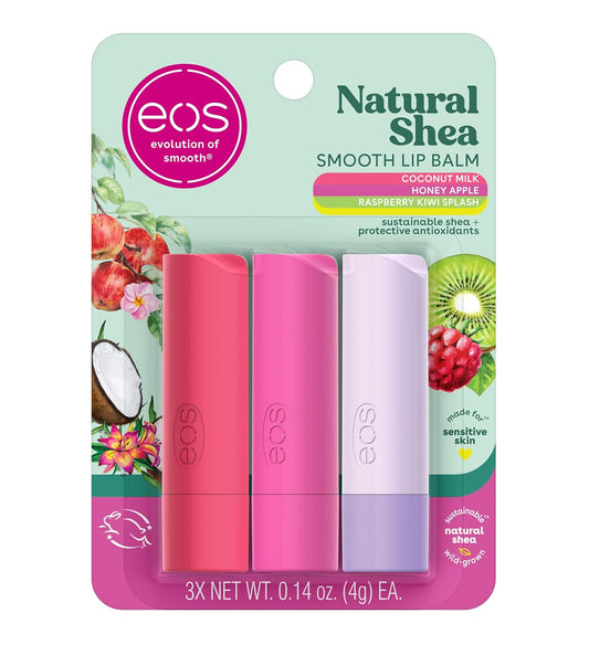 Bálsamo labial  Eos Lip Balm de karité natural, Miel de Manzana, Leche de Coco y Frambuesa Kiwi Splash, 4g, Paquete de 3