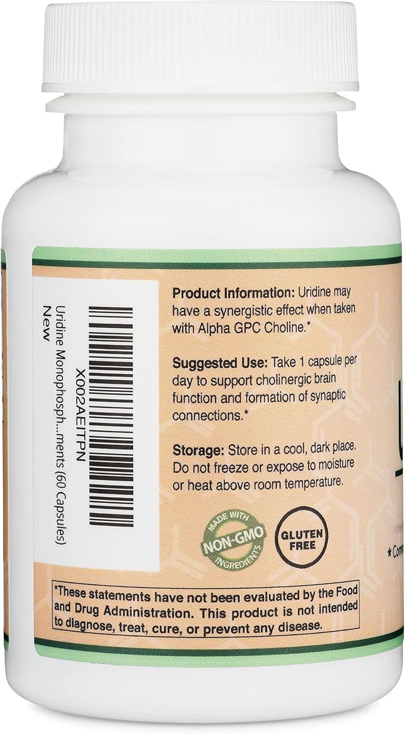 Double Wood - Monofosfato de uridina  300 mg, 60 cápsulas  con alfa GPC colina salud cerebral y la memoria