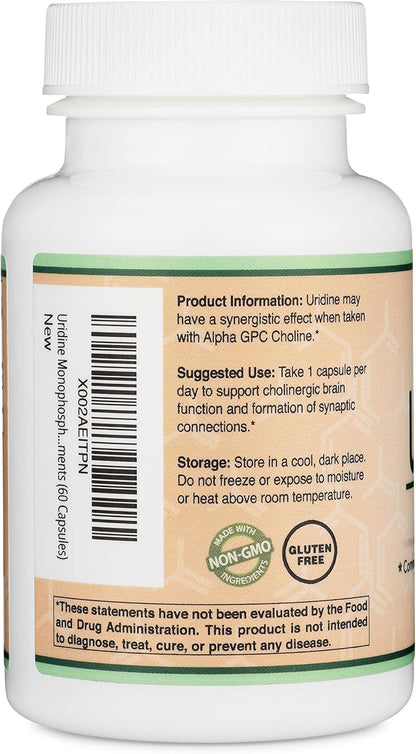 Double Wood - Monofosfato de uridina  300 mg, 60 cápsulas  con alfa GPC colina salud cerebral y la memoria