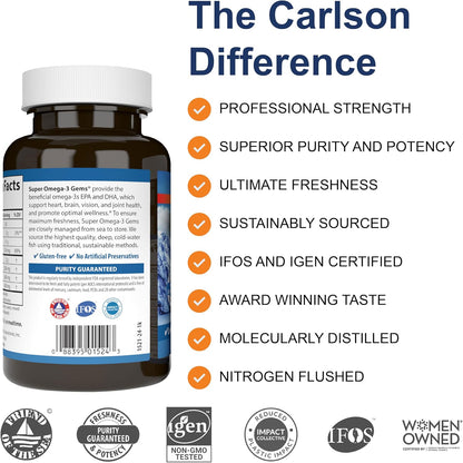 Carlson - Super Omega-3, 1200 mg de ácidos grasos omega-3 con EPA y DHA,  100 Capsulas de Gel.