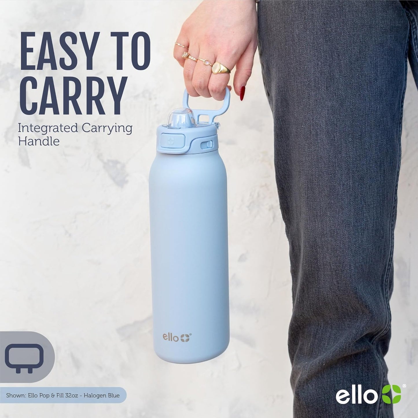 Ello - Botella de agua Pop & Fill, acero inoxidable 22OZ/651ml