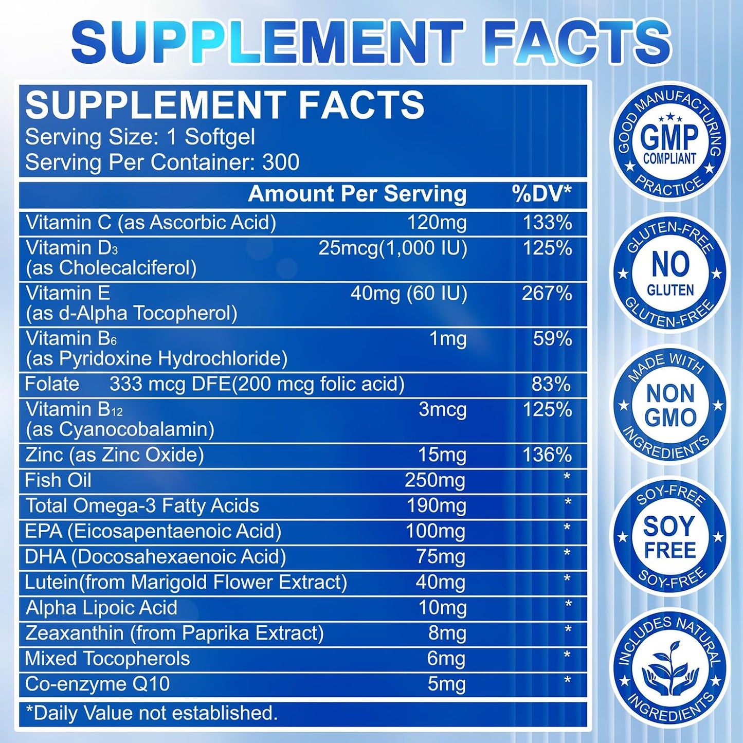 Suplemento de luteína y zeaxantina AREDS 2 Plus+, 40 mg de luteína y 8 mg de zeaxantina  - 300 cápsulas blandas