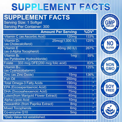 Suplemento de luteína y zeaxantina AREDS 2 Plus+, 40 mg de luteína y 8 mg de zeaxantina  - 300 cápsulas blandas
