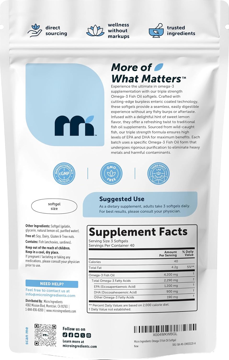 Microingredients , Omega-3 Fish oil  4200mg - 1,200mg EPA + 900mg DHA -  capsulas sabor a limon
