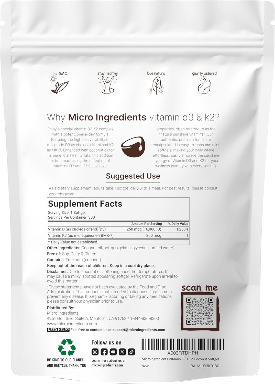 Micro Ingredients - Complejo de vitaminas D3 10,000 UI más K2 (MK-7) 200 mcg, 300 cápsulas blandas
