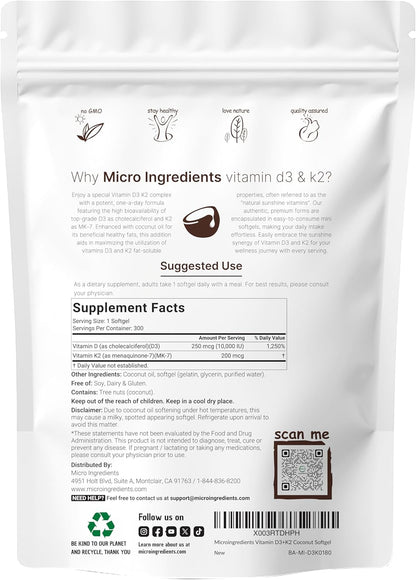 Micro Ingredients - Complejo de vitaminas D3 10,000 UI más K2 (MK-7) 200 mcg, 300 cápsulas blandas