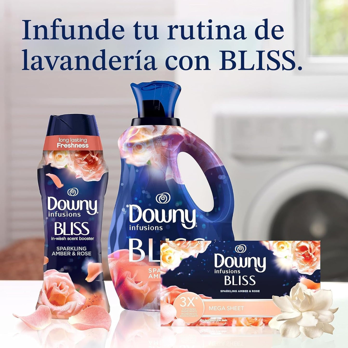 Downy Infusions Mega Toallitas para Secadora, Suavizante de Telas para la Lavandería, BLISS, Ámbar y Rosa, 65 Unidades