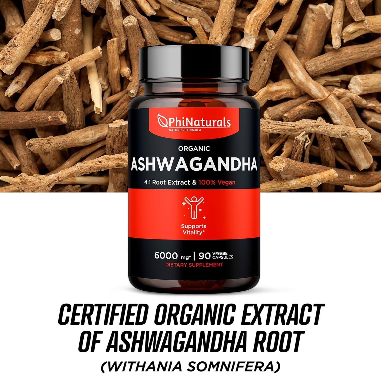 PhiNaturals Extracto orgánico de raíz de ashwagandha, 1500 mg 90 unidades