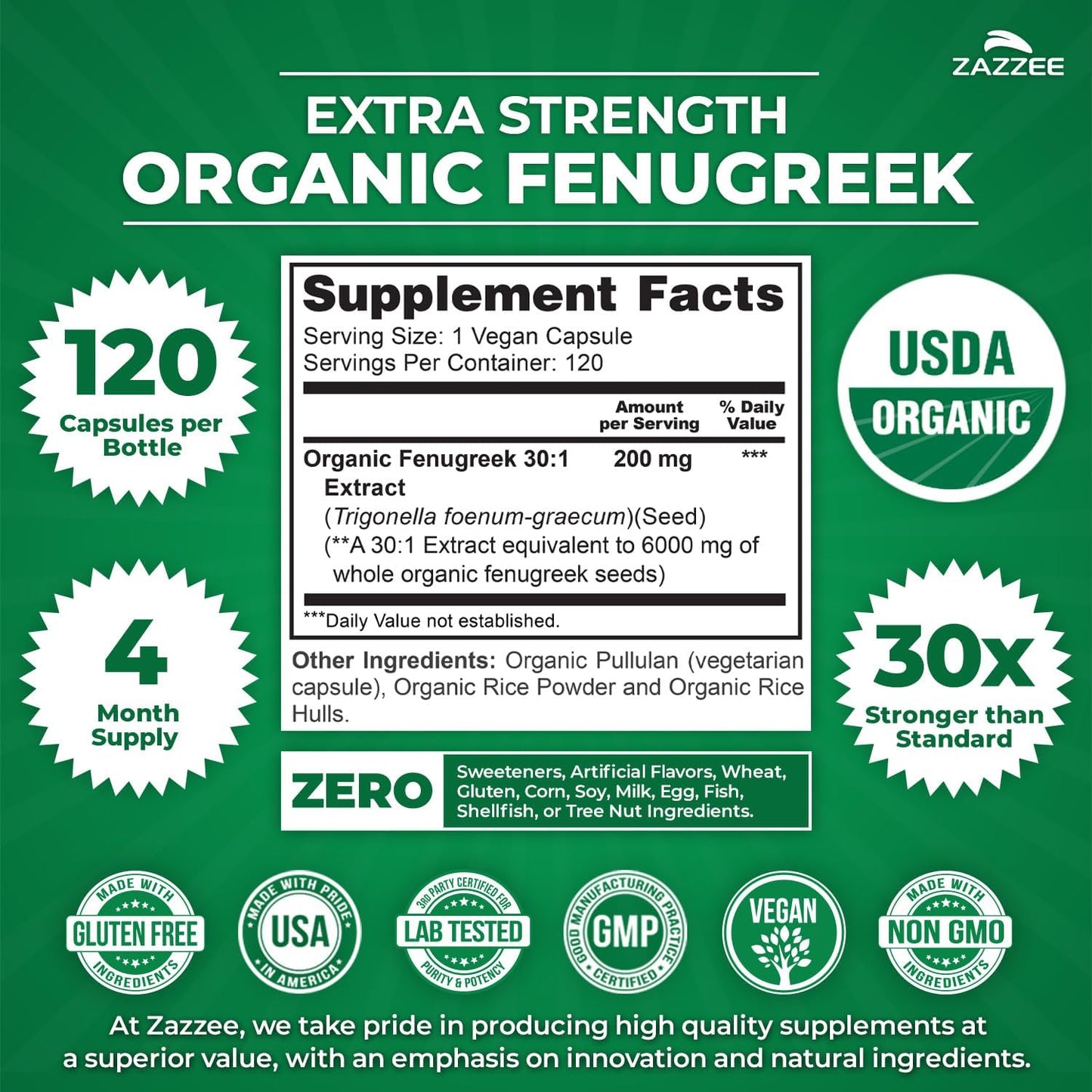 Zazzee USDA Extracto orgánico de fenogreco 30:1, 120 cápsulas