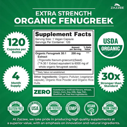 Zazzee USDA Extracto orgánico de fenogreco 30:1, 120 cápsulas