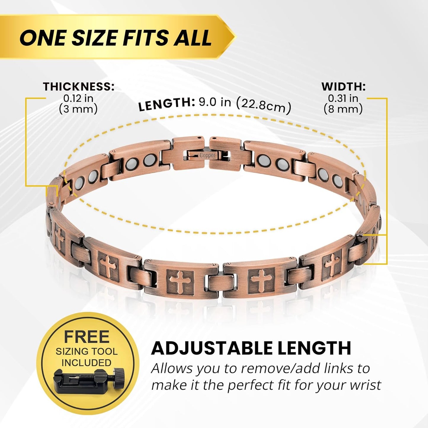 MagnetRX Pulseras de cruz de cobre para mujer, pulsera magnética eficaz con cruz, pulsera ajustable con herramienta de tamaño incluida (estilo cruzado)