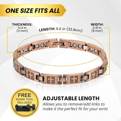 MagnetRX Pulseras de cruz de cobre para mujer, pulsera magnética eficaz con cruz, pulsera ajustable con herramienta de tamaño incluida (estilo cruzado)