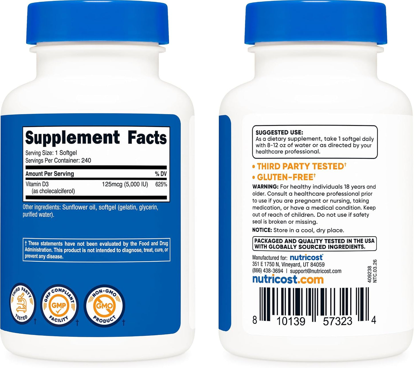 Nutricost Vitamina D3 5,000 UI, 240 cápsulas blandas