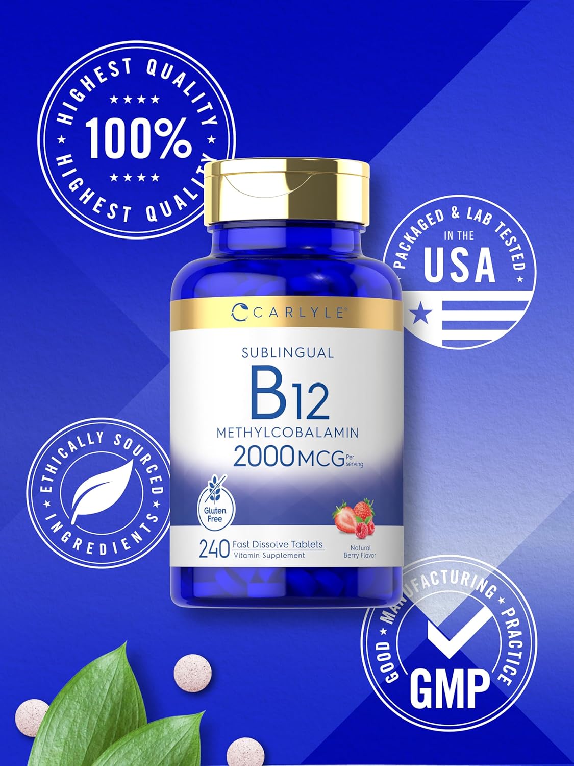 Carlyle Vitamina B12 de 2000 mcg | 240 tabletas de disolución rápida | Metilcobalamina sublingual | Sabor a bayas