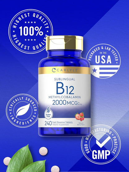 Carlyle Vitamina B12 de 2000 mcg | 240 tabletas de disolución rápida | Metilcobalamina sublingual | Sabor a bayas