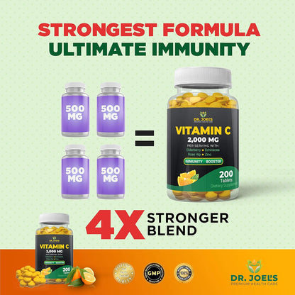Dr. JOEL'S Vitamina C de apoyo inmunológico 2000 mg - 200 tabletas